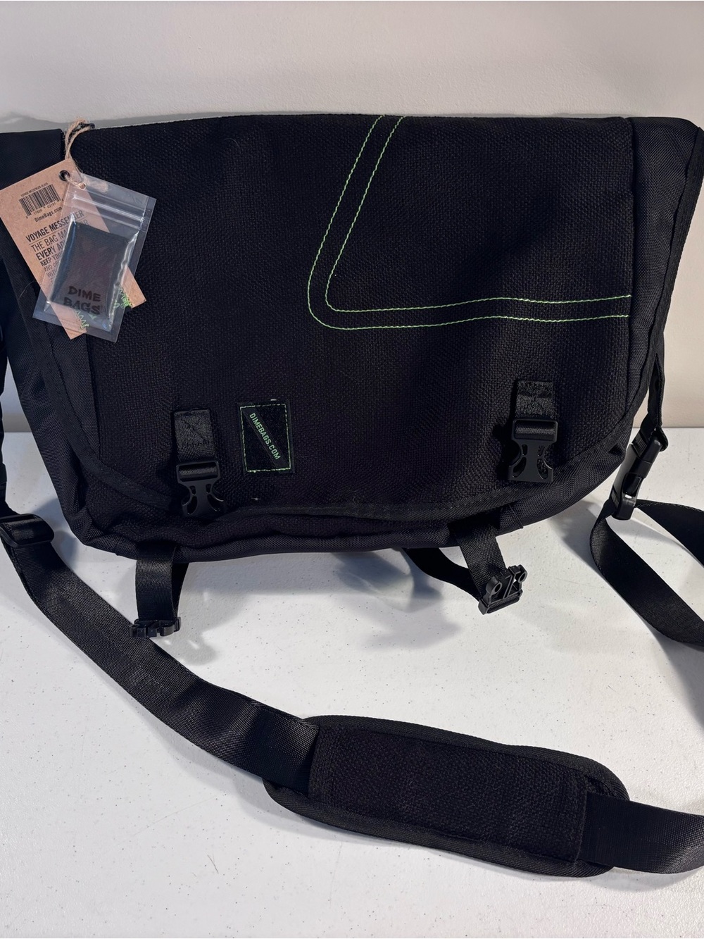 Black Messenger Bag with Green Stitching